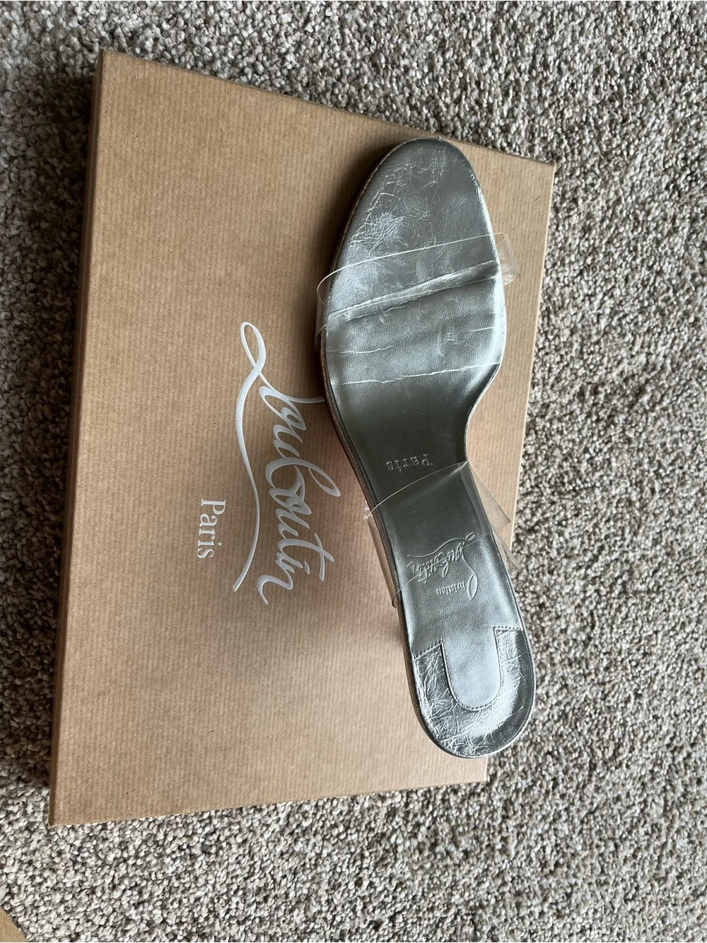 Authentic Christian Louboutin Silver Clear sandal heel
